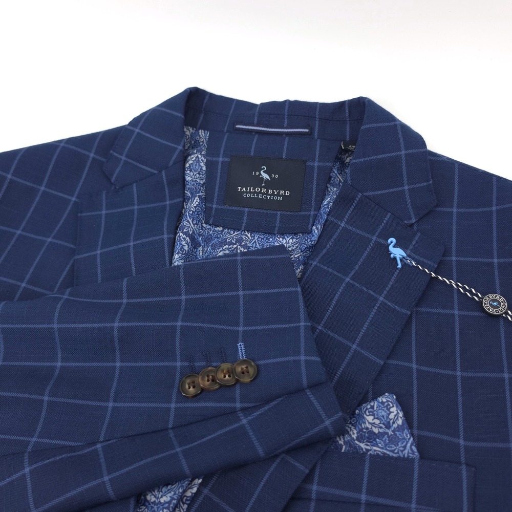 TailorByrd Mens Sport Coat Navy Windowpane 42R Paisley Lining NWT poly rayon
